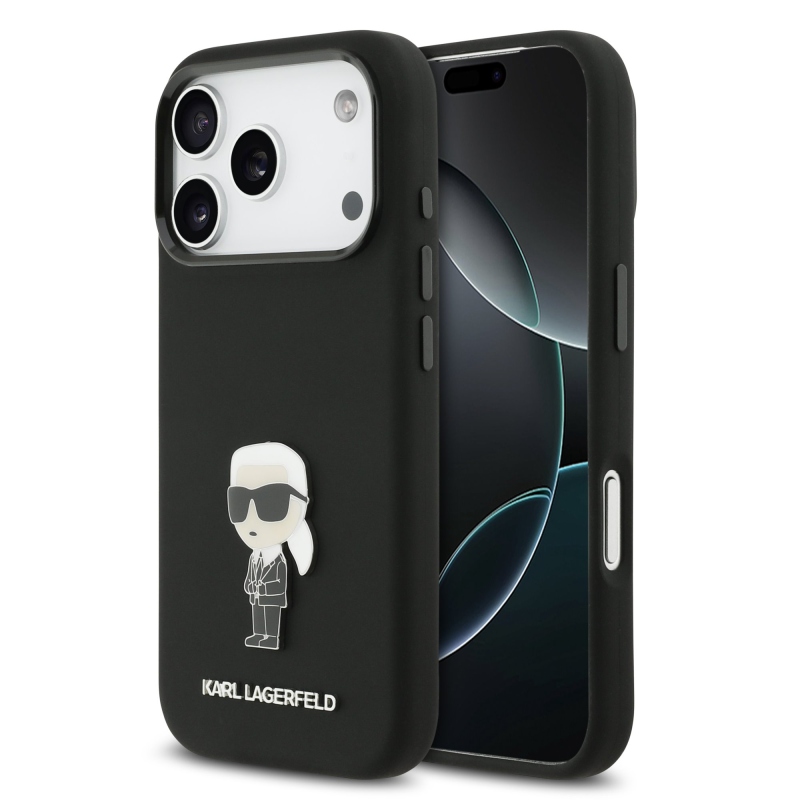 Karl Lagerfeld Liquid Silicone Metal Ikonik Zadný kryt pre iPhone 17 Pro Black