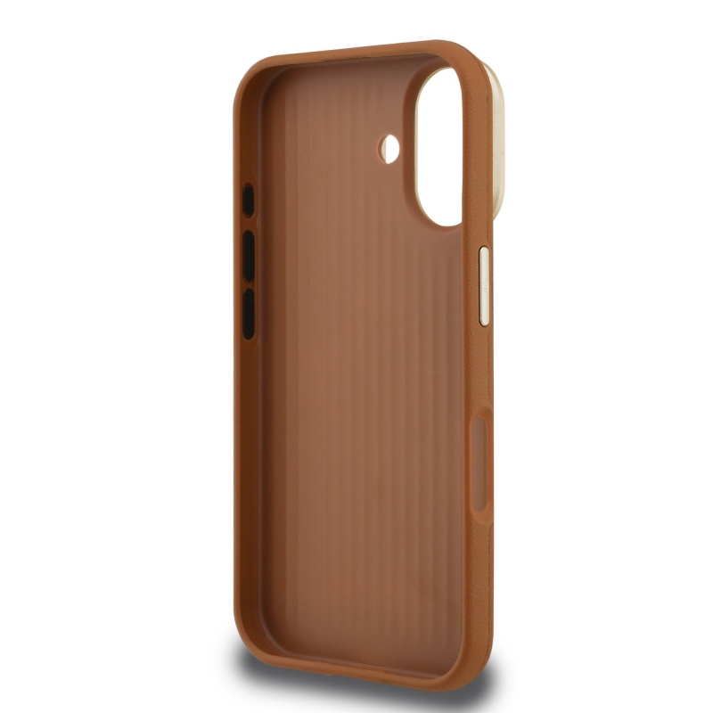 Guess PU Grained 4G Logo Stand Camera Frame Zadný Kryt pre iPhone 16 Brown