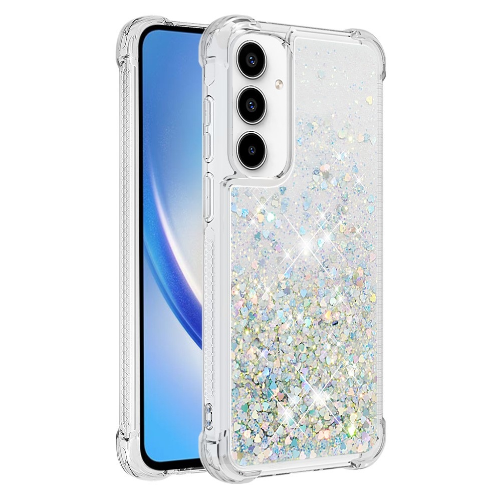 Glitter gélový presýpací obal na Samsung Galaxy A55 5G - strieborný/srdiečka