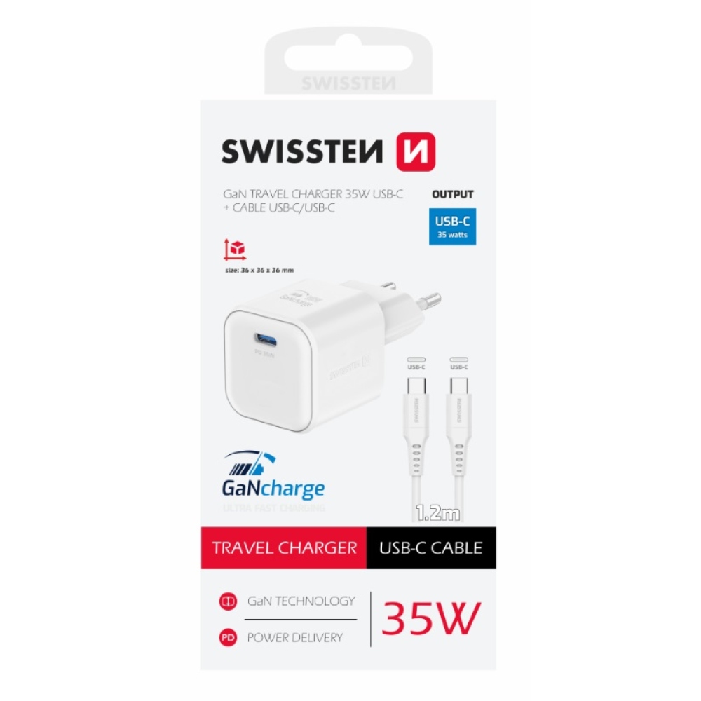 Nabíjačka Swissten GaN 1x USB-C 35W power delivery + kábel USB-C/USB-C 1,2m - biela