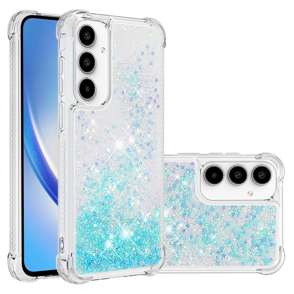 Glitter gélový presýpací obal na Samsung Galaxy A55 5G - modrý/hviezdičky