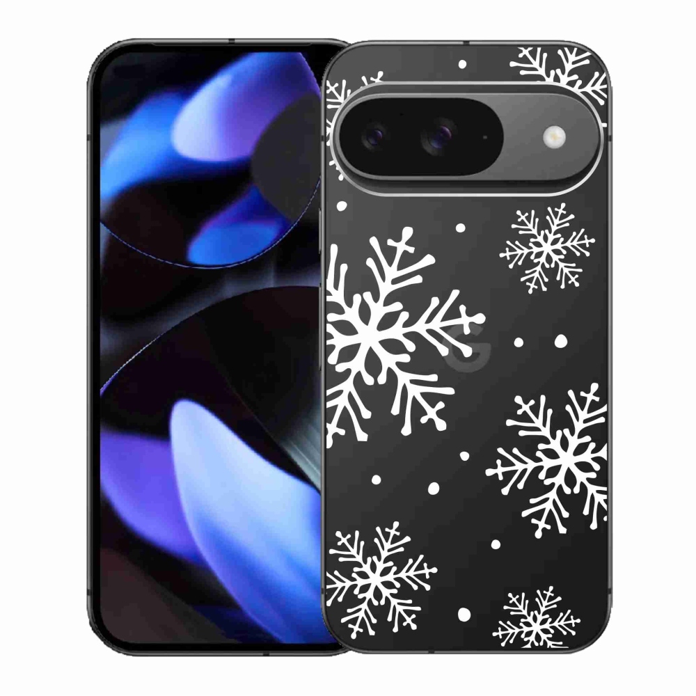 Gélový kryt mmCase na Google Pixel 9/9 Pro - biele vločky na priehľadnom pozadí