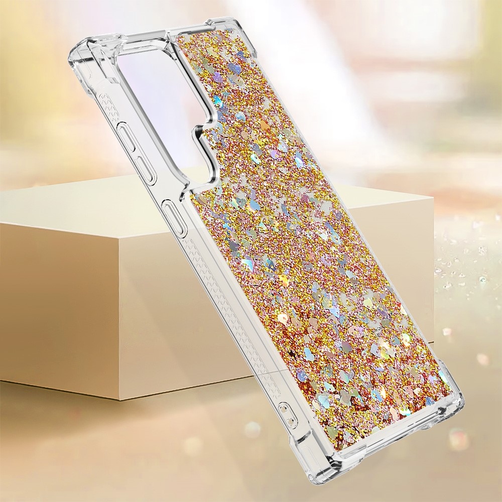 Glitter presýpacie gélový obal na Samsung Galaxy S24 Ultra - zlatý/srdiečka