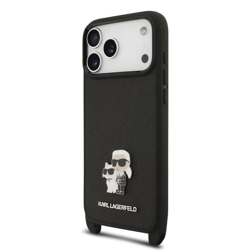 Karl Lagerfeld Saffiano Crossbody Strap Metal Karl and Choupette Zadný kryt pre iPhone 17 Pro Max Black