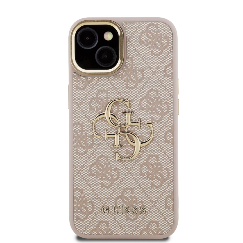 Guess PU 4G Metal Logo Stand Camera Frame Zadný Kryt pre iPhone 14 Pink