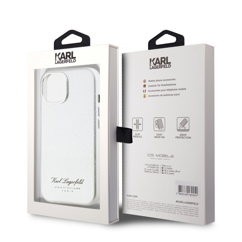 Karl Lagerfeld Grained PU Hotel RSG Zadný Kryt pre iPhone 15 Grey