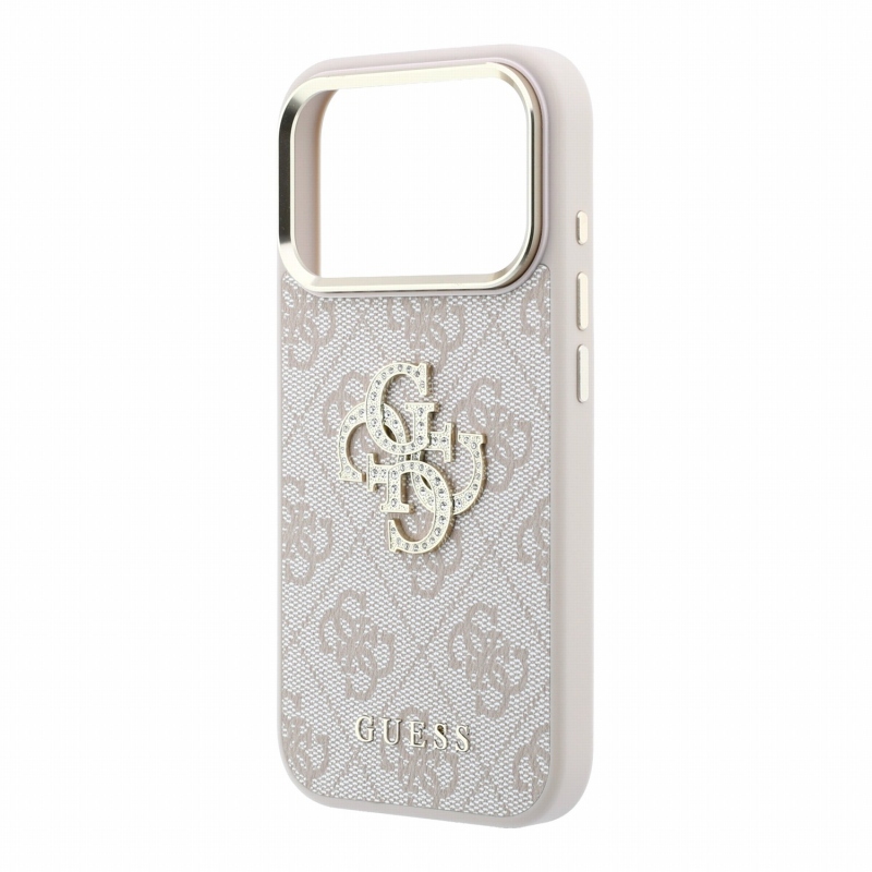 Guess PU 4G Strass Metal Logo Zadný kryt pre iPhone 18 Pro ružový