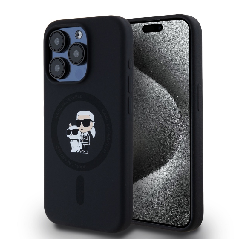 Karl Lagerfeld Liquid Silicone Karl a Choupette Magsafe Zadný Kryt pre iPhone 15 Pro Black