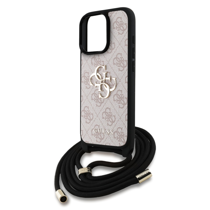 Guess PU 4G Metal Logo Crossbody Popruh Zadný Kryt pre iPhone 16 Pro Max Pink