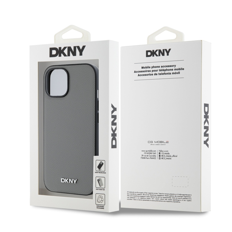 DKNY PU Leather Silver Metal Logo Magsafe Zadný Kryt pre iPhone 15 Grey