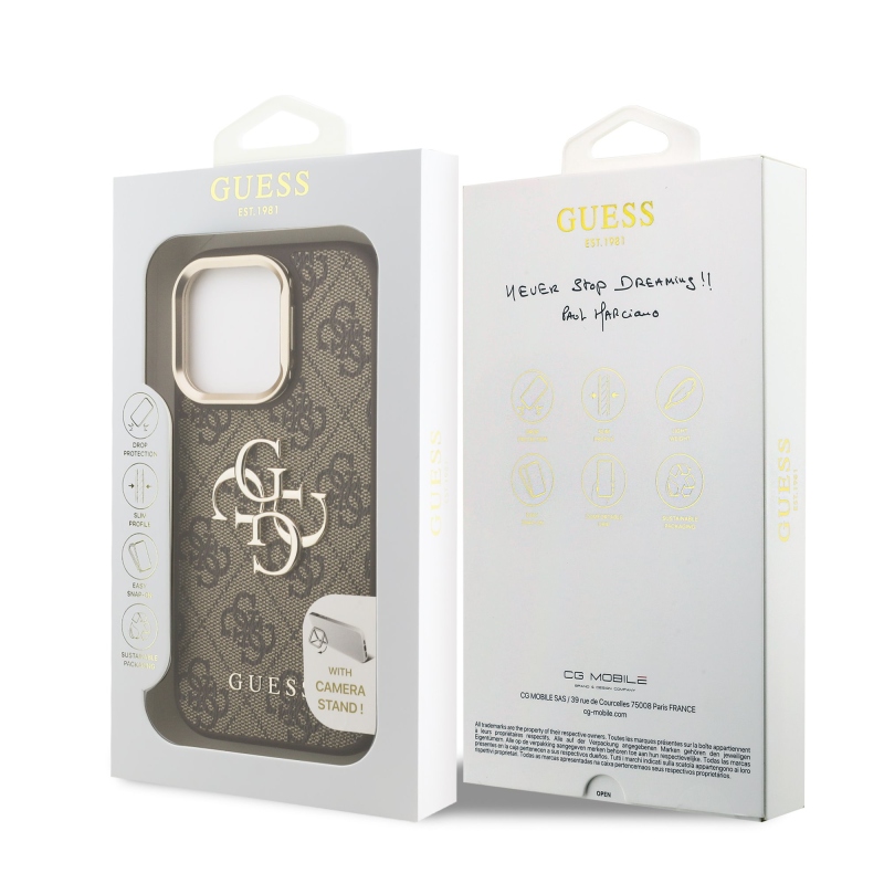 Guess PU 4G Metal Logo Stand Camera Frame Zadný Kryt pre iPhone 16 Pro Brown