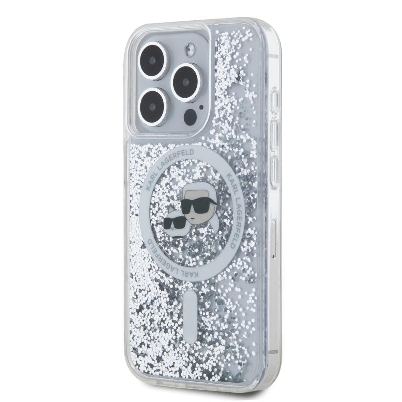 Karl Lagerfeld Liquid Glitter Karl and Choupette Heads MagSafe Zadný Kryt pre iPhone 15 Pro Transparent