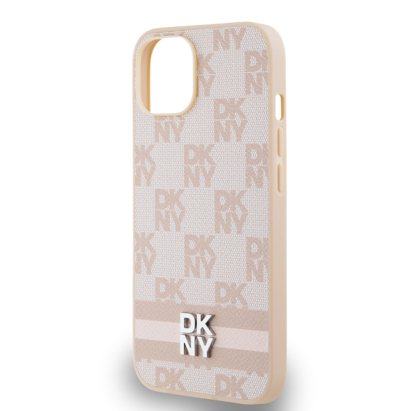 DKNY PU Leather Checkered Pattern and Stripe Zadný Kryt pre iPhone 13 Pink