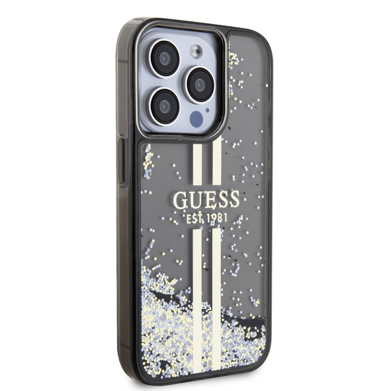 Guess PC/TPU Liquid Glitter Gold Stripe Zadný Kryt pre iPhone 15 Pro Black