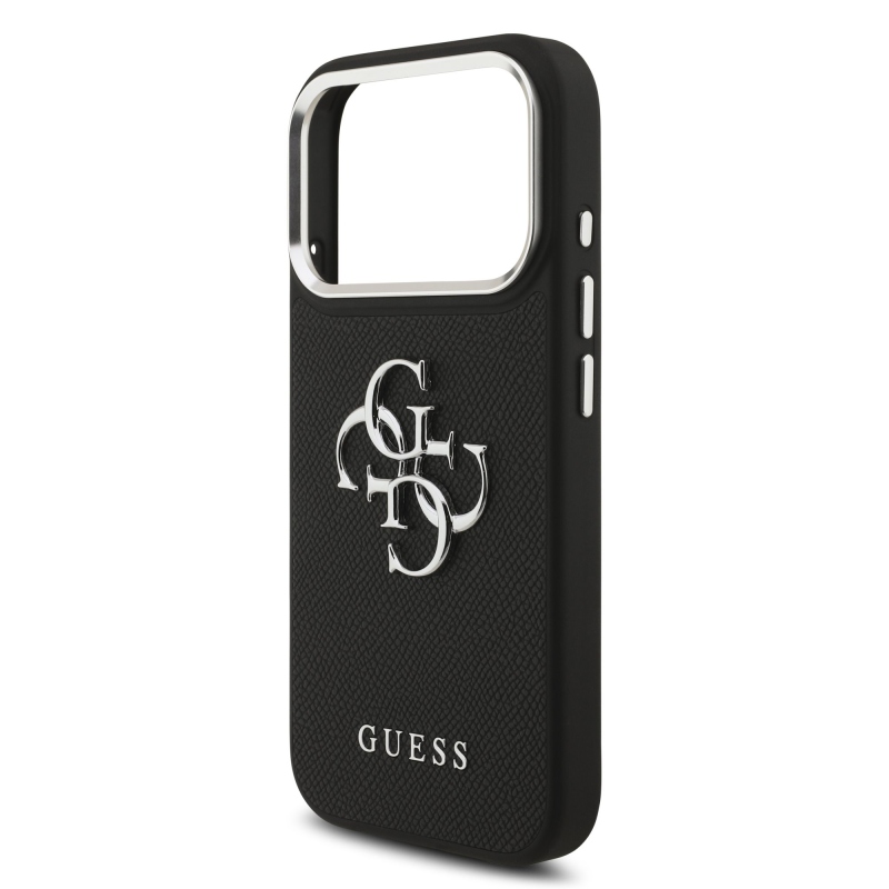 Guess PU zrnitý 4G kovový zadný kryt s logom pre iPhone 17 Pro Black