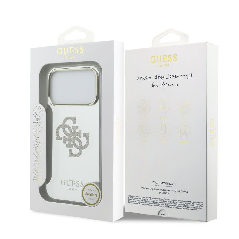 Guess PC/TPU Mirror 4G Glitter Logo MagSafe zadný kryt pre iPhone 17 Pro Gold