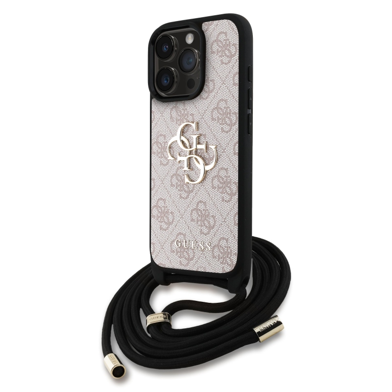 Guess PU 4G Metal Logo Crossbody Popruh Zadný Kryt pre iPhone 16 Pro Max Pink