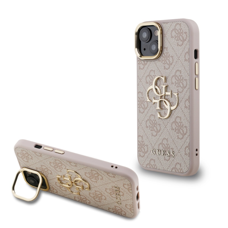 Guess PU 4G Metal Logo Stand Camera Frame Zadný Kryt pre iPhone 14 Pink