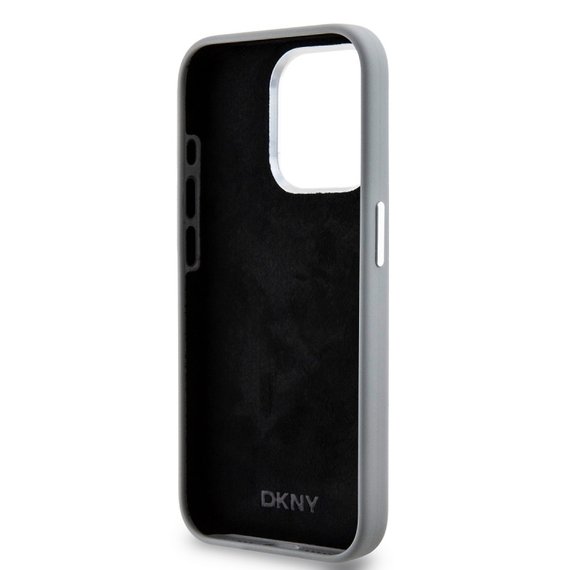 DKNY Liquid Silicone Silver Metal Logo Magsafe Zadný Kryt pre iPhone 15 Pro Grey