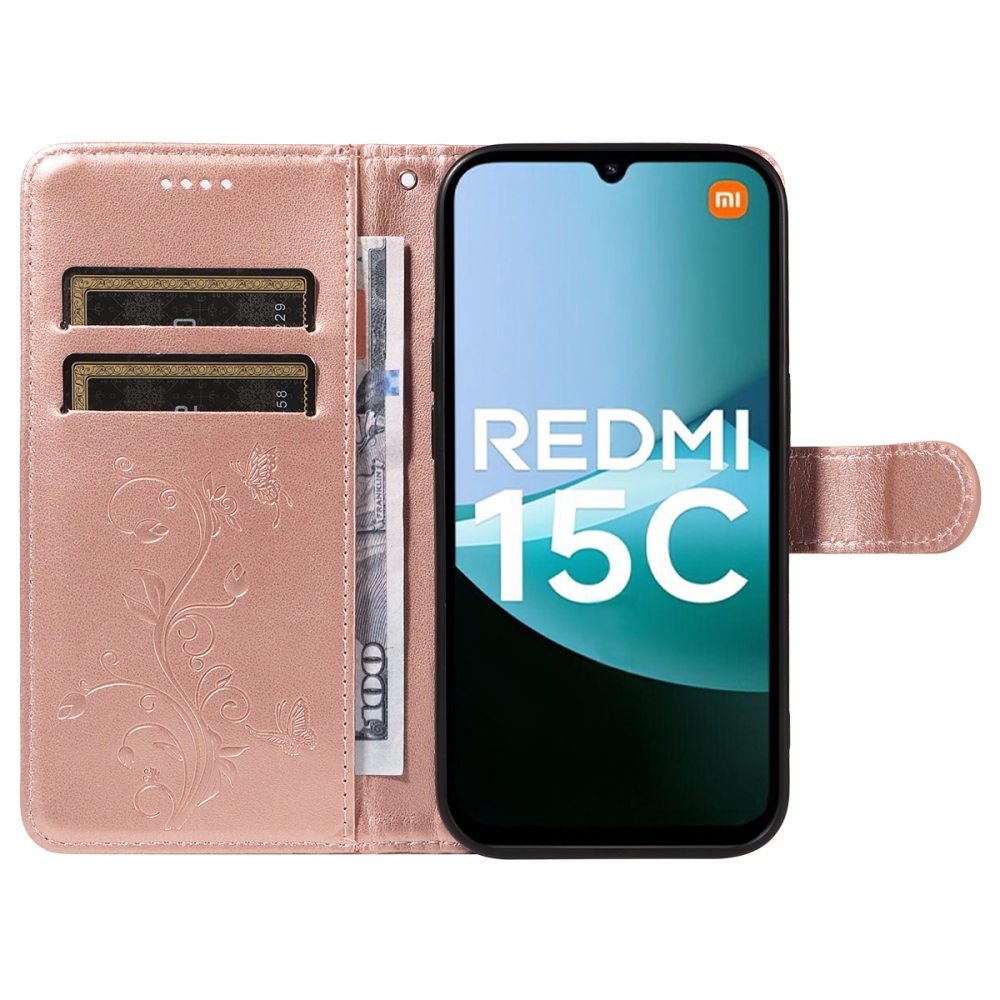 Flowers knižkové púzdro na Xiaomi Redmi 15C 4G/5G (173mm) - ružovozlaté