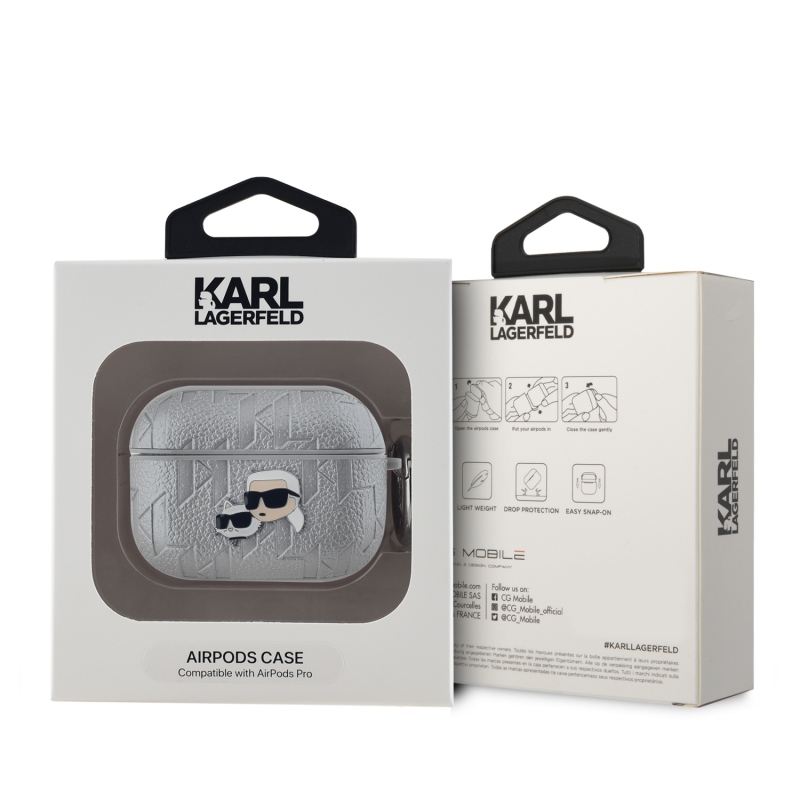 Karl Lagerfeld PU Embossed Karl and Choupette Heads Puzdro pre AirPods Pre Silver