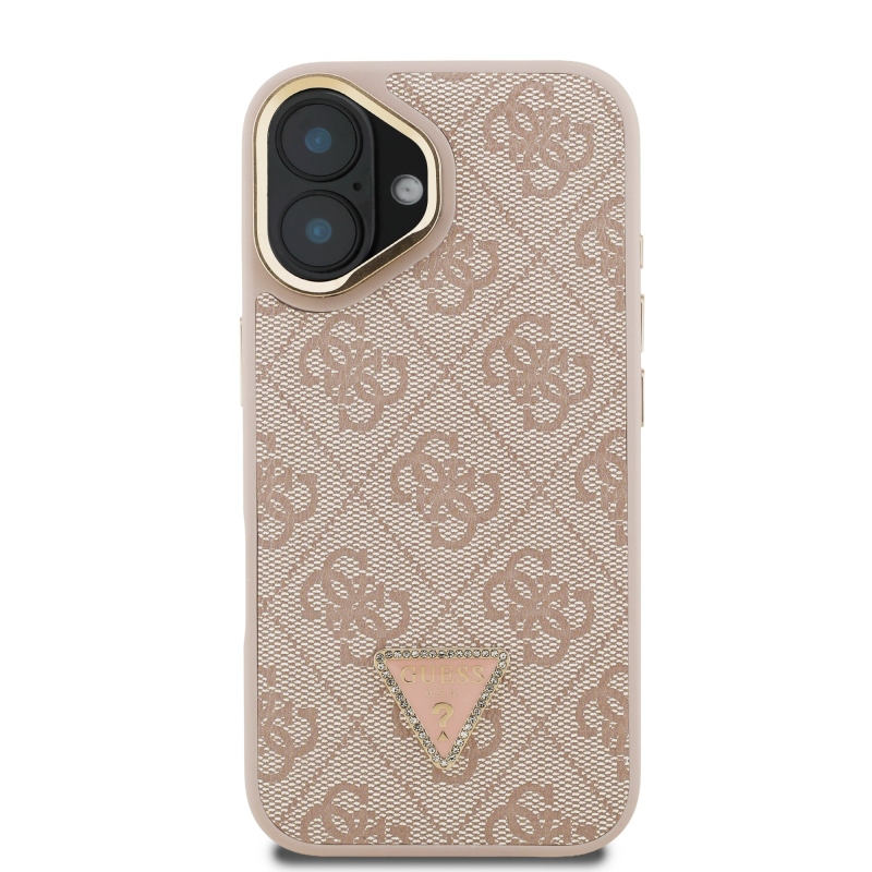 Guess PU 4G Strass Triangle Logo Stand Camera Frame MagSafe Zadný Kryt pre iPhone 16 Pink