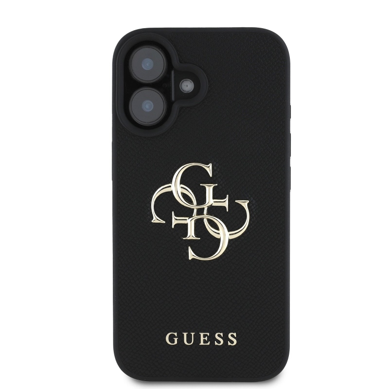 Guess PU zrnitý 4G kovový zadný kryt s logom pre iPhone 16 Black