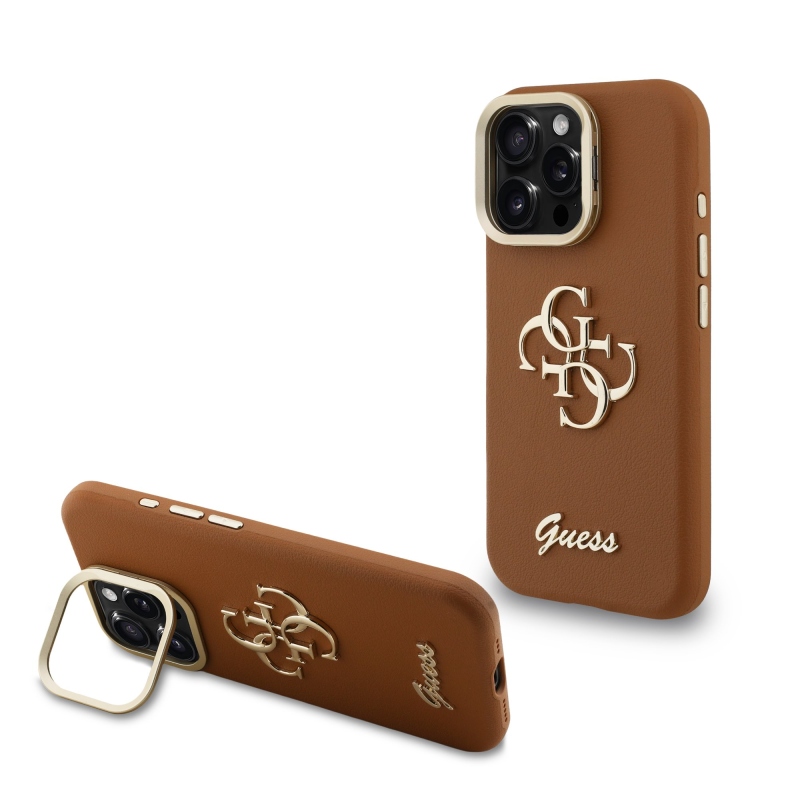 Guess PU Grained 4G Logo Stand Camera Frame Zadný Kryt pre iPhone 16 Pro Max Brown