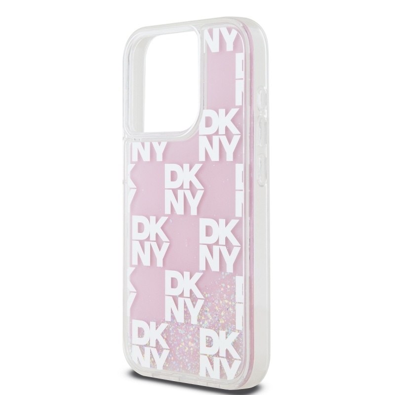 DKNY Liquid Glitter Checkered Pattern Zadný Kryt pre iPhone 15 Pro Pink