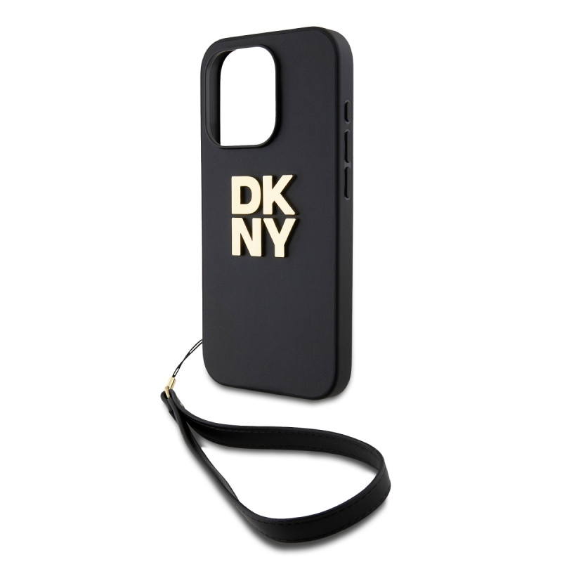 DKNY PU Leather Stack Logo Wrist Strap Zadný Kryt pre iPhone 15 Pro Max Black