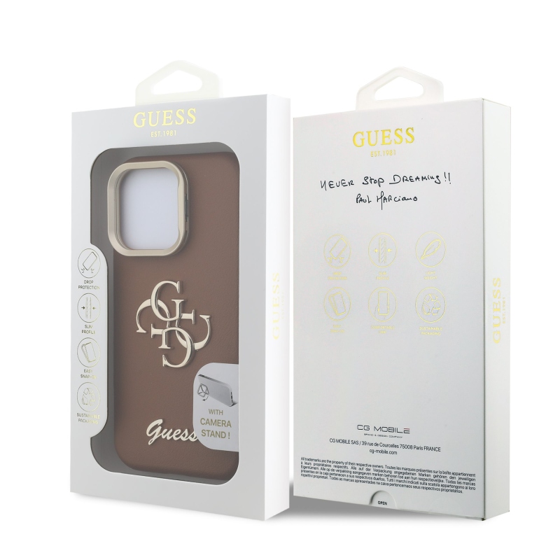 Guess PU Grained 4G Logo Stand Camera Frame Zadný Kryt pre iPhone 16 Pro Max Brown