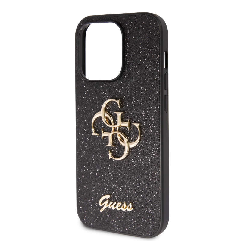 Guess PU Fixed Glitter 4G Metal Logo Zadný Kryt pre iPhone 15 Pro Max Black