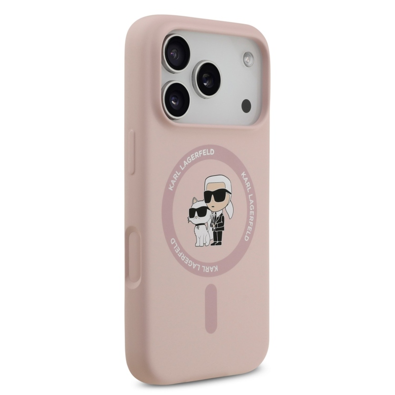 Karl Lagerfeld – zadný kryt z tekutého silikónu s motívom Karla a Choupette s MagSafe pre iPhone 18 Pro, ružový