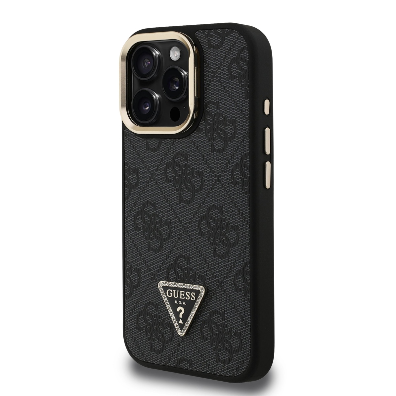 Guess PU 4G Strass Triangle Logo Stand Camera Frame MagSafe Zadný Kryt pre iPhone 15 Pro Black