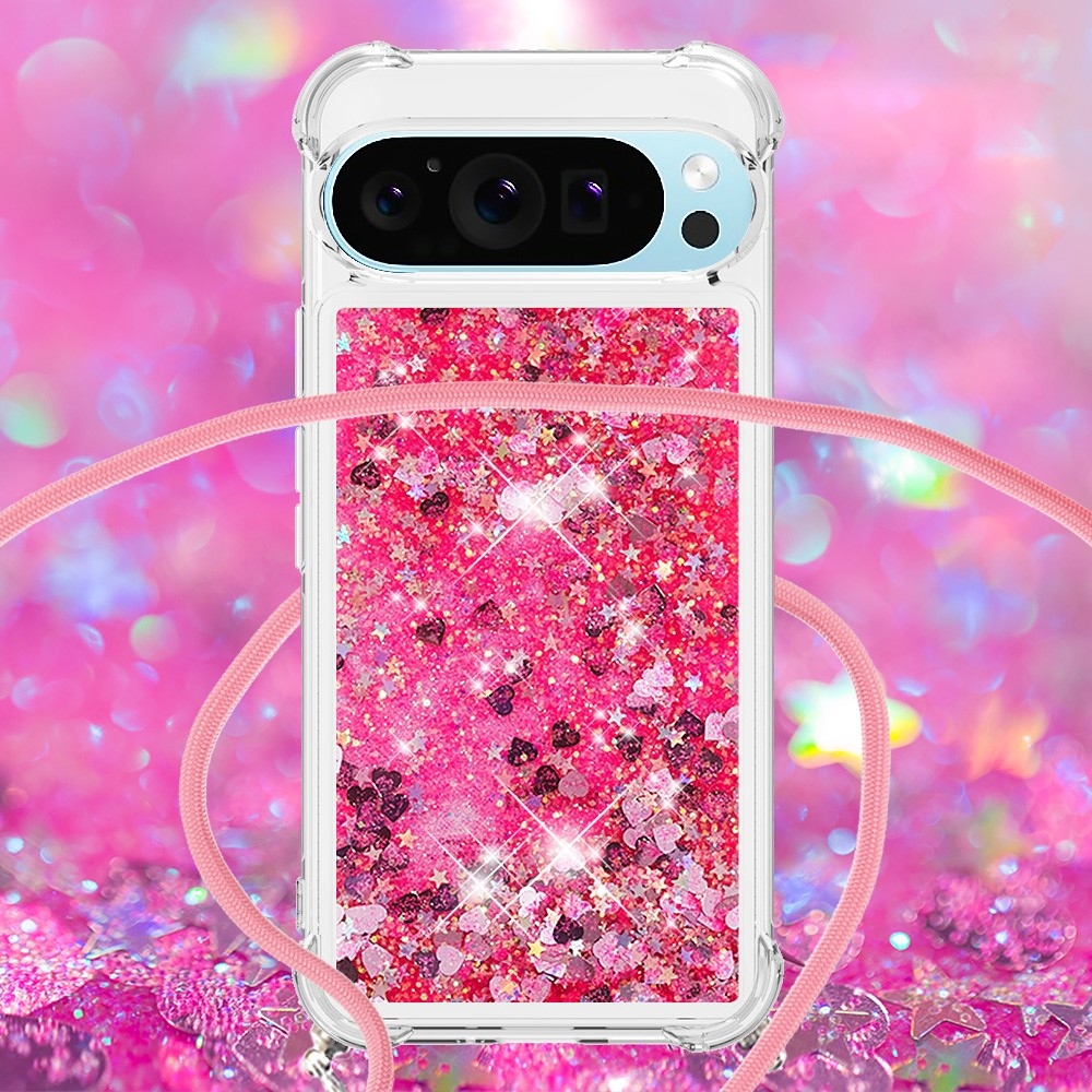Glitters presýpací gélový obal so šnúrkou na Google Pixel 10 Pro/Pixel 10 - ružový/srdiečka
