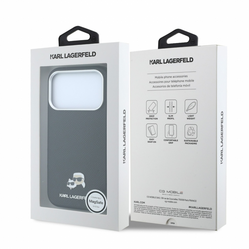 Karl Lagerfeld PU Grained Semi Wrap K&CH Heads Magsafe zadný kryt pre iPhone 18 Pro, čierny