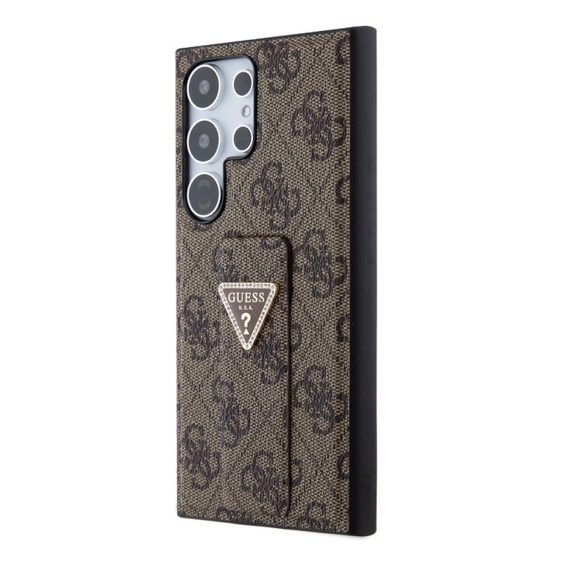 Guess PU Grip Stand 4G Strass Triangle Metal Logo Zadný kryt pre Samsung Galaxy S24 Ultra Brown