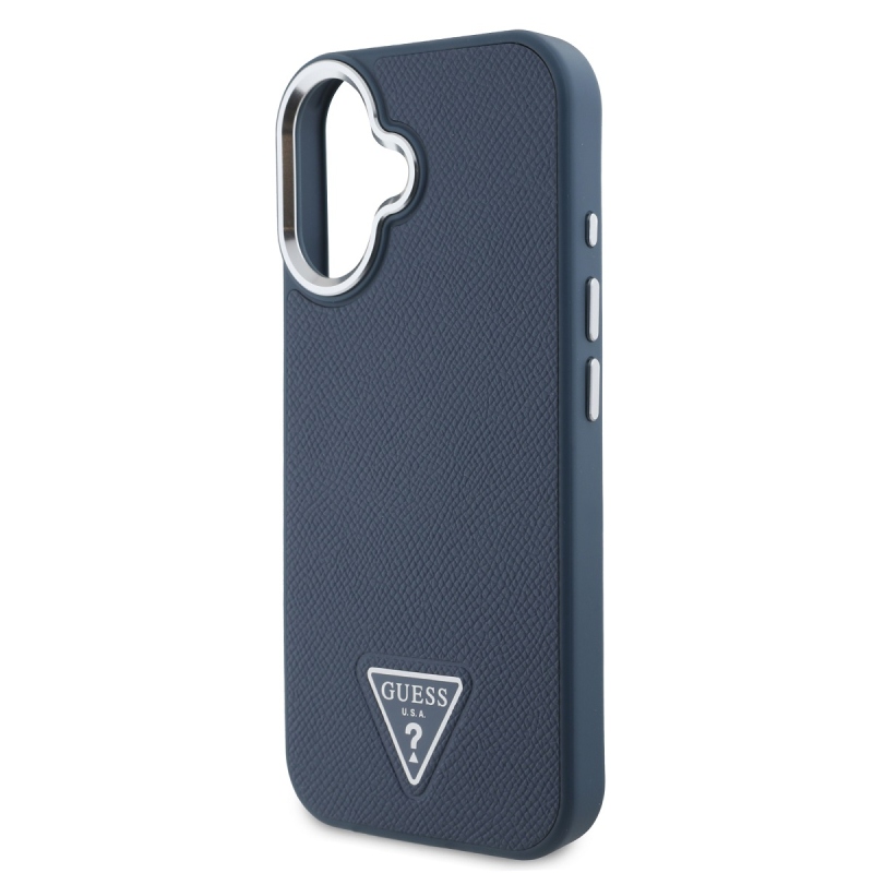 Guess PU Grained Triangle Logo Zadný Kryt pre iPhone 16 Blue