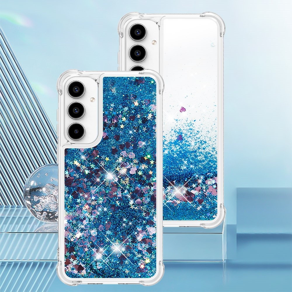 Glitter gélový presýpací obal na Samsung Galaxy A35 5G - modrý/srdiečka