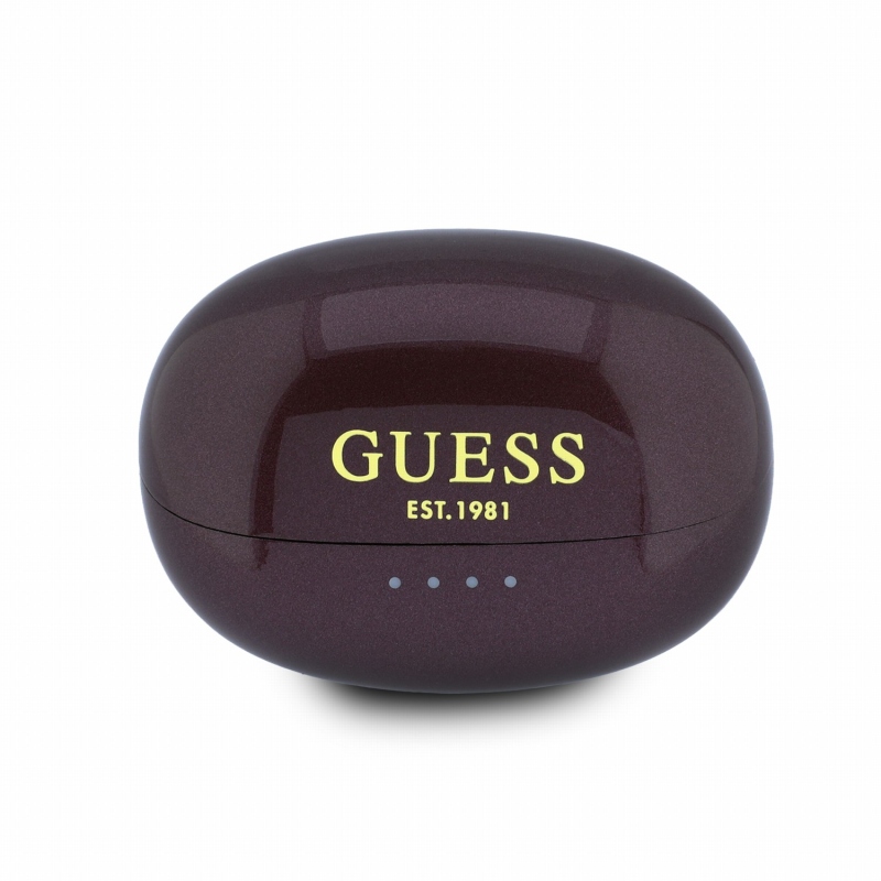 Bezdrôtové slúchadlá Guess s metalickým povrchom, klasickým logom a technológiou OWS v bordovej farbe