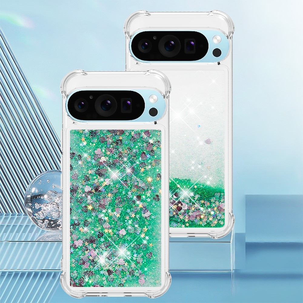 Glitter presýpací gélový obal na Google Pixel 10 Pro/Pixel 10 - zelený/srdiečka