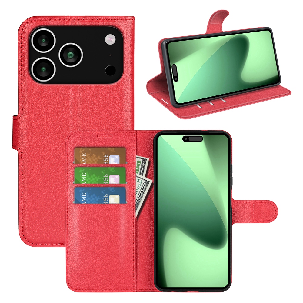 Litchi knižkové púzdro na iPhone 17 Pro - červený