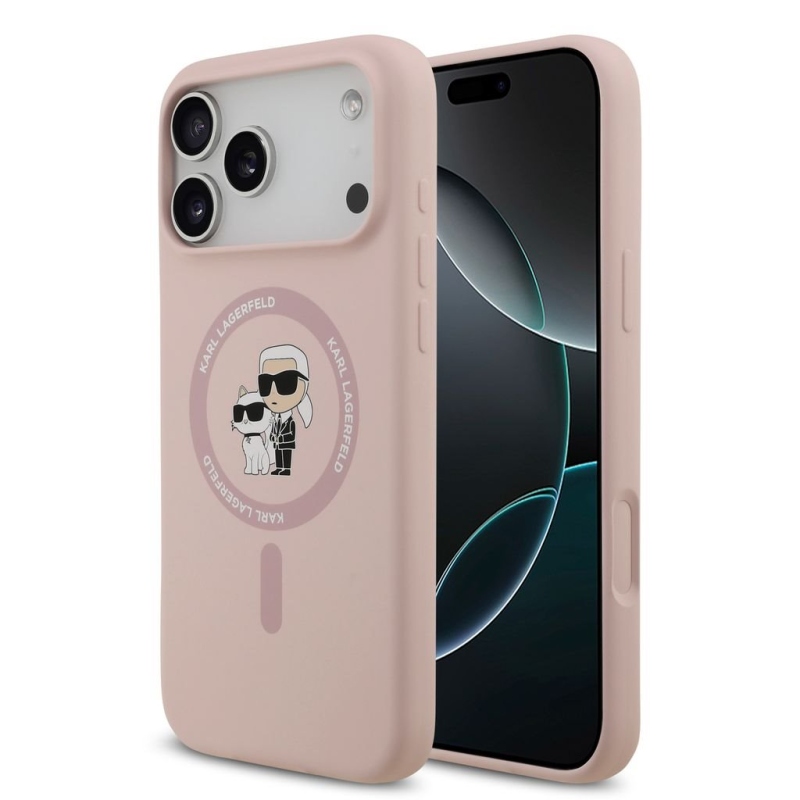 Karl Lagerfeld – zadný kryt z tekutého silikónu s motívom Karla a Choupette, kompatibilný s MagSafe, pre iPhone 18 Pro Max, ružový