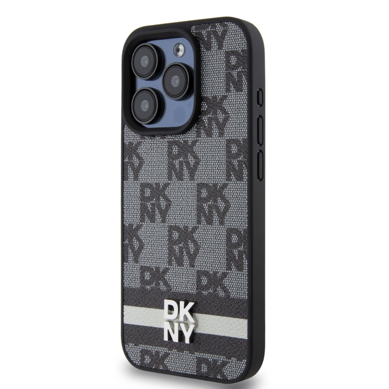 DKNY PU Leather Checkered Pattern and Stripe Zadný Kryt pre iPhone 14 Pro Black