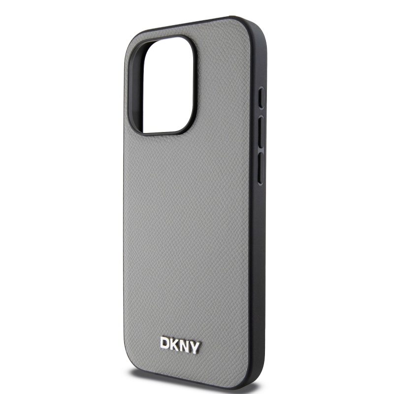 DKNY PU Leather Silver Metal Logo Magsafe Zadný Kryt pre iPhone 14 Pro Grey