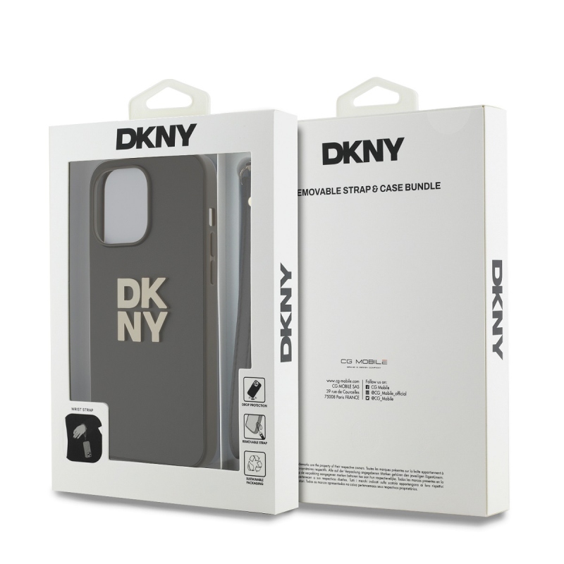 DKNY PU Leather Stack Logo Wrist Strap Zadný Kryt pre iPhone 15 Pro Brown