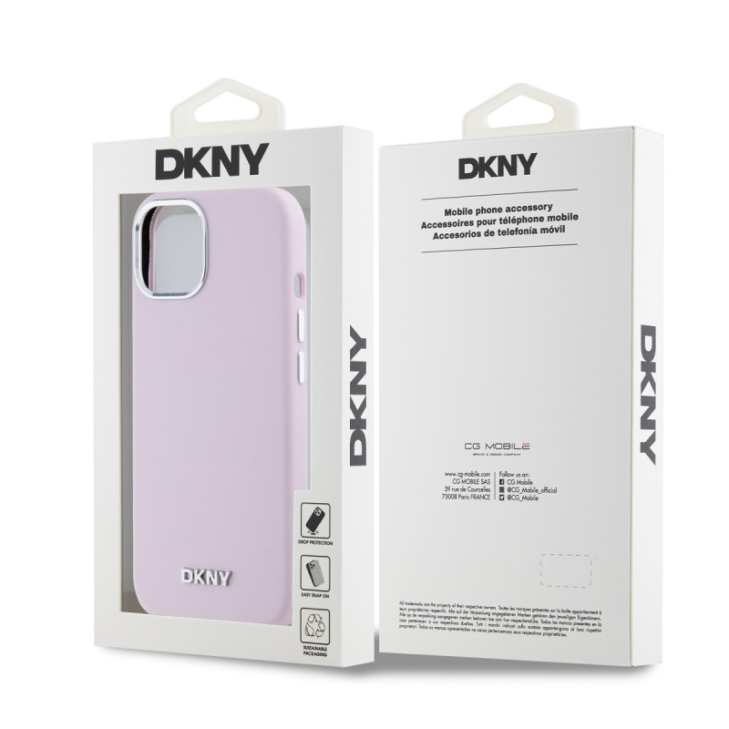 DKNY Liquid Silicone Silver Metal Logo Magsafe Zadný Kryt pre iPhone 15 Pink