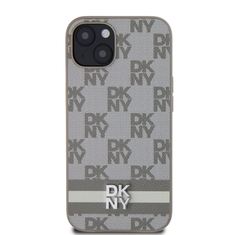 DKNY PU Leather Checkered Pattern and Stripe Zadný Kryt pre iPhone 13 Beige