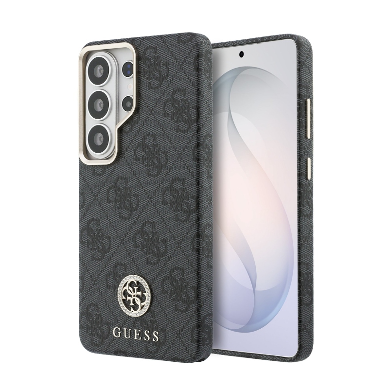 Guess PU kožený 4G štrasové logo Gold Frame magnetický zadný kryt pre Samsung Galaxy S26 Ultra Black