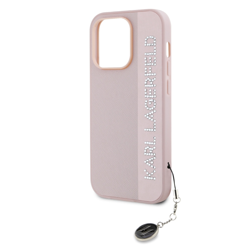 Karl Lagerfeld PU Saffiano Rhinestone Charm Zadný Kryt pre iPhone 14 Pro Max Pink